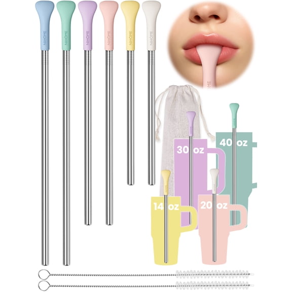 NiHome 6PCS Anti Wrinkle Straws with Silicone Widen Flat Tip Drinking Metal Straw, Compatible with Stanley 20/30/40 oz Tumbler, Reusable Wrinkle Free Straw, Brushes & Carry Bag (Macaron)