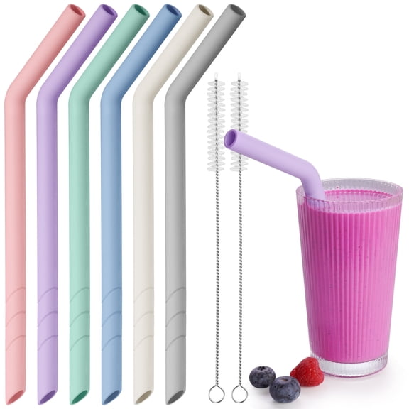 NiHome 6PCS Extra Wide Reusable Bent Silicone Straws for Boba, Smoothies, Bubble Tea, Eco-Friendly Bent Straws for Thick Drinks, Child-Safe, Customizable Length, 2 Brushes Easy Cleaning (Macaron)
