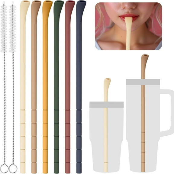 NiHome 6PCS Silicone Anti-Wrinkle Straws Compatible with Stanley 40oz 30oz Tumblers w/Brushes, Customizable Length Straws for Various Size Cups, No Wrinkle Reusable Drinking Straws for Lip (Vintage)