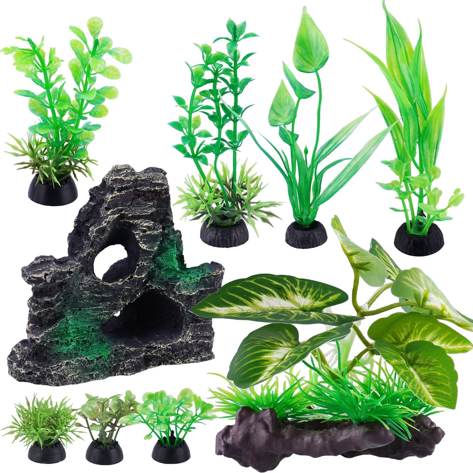 NiHome 9PCS Realistic Aquarium Artificial Plant Decoration Set, Weighted Base Driftwood, Rock Mountain & Aquatic Plants, Non-Fading Aquascape Greenery Ornaments for Freshwater or Saltwater Fish Tanks
