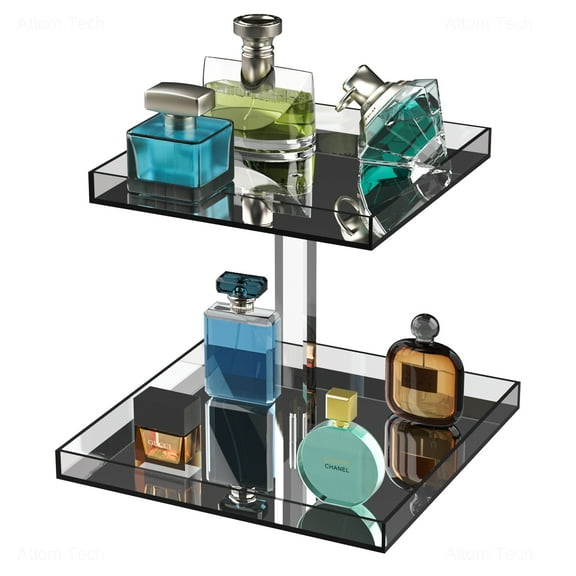 NiHome Acrylic Perfume Display Organizer, 2-Tier Makeup Holder with Self-Adhesive Rhinestone Ribbon, Handmade Large Vanity Storage Versatile Countertop Tray for Cosmetics Toiletries(Grey)