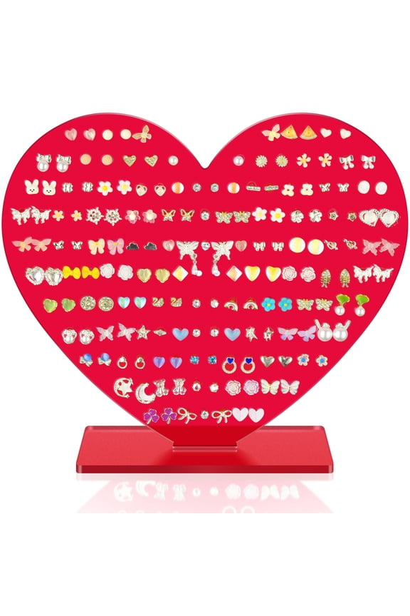 Heart-Shaped Acrylic Earring Holder Stand for Studs & Dangles, Romantic Jewelry Organizer for All Ages, Vanity Dresser or Boutique Decorative Display Holds 75-80 Pairs with 171 Holes (Red)