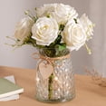 thumbnail image 1 of NiHome Artificial White Roses in Elegant Clear Glass Vase, Realistic Silk Flowers with Heart and Ball Pendants for Dining Table, Coffee Table, Farmhouse, Bathroom, Living Room and Home Office Décor, 1 of 7
