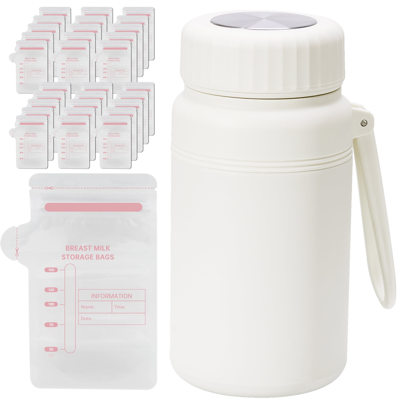 NiHome Breastmilk Cooler Bottle with 30 Storage Bags, No Pre-Freezing Instant Ice Cooling, 34oz Stainless Steel Cup Keeps Milk Cold up to 24H, Leakproof Portable Design for Travel and Nursing Moms