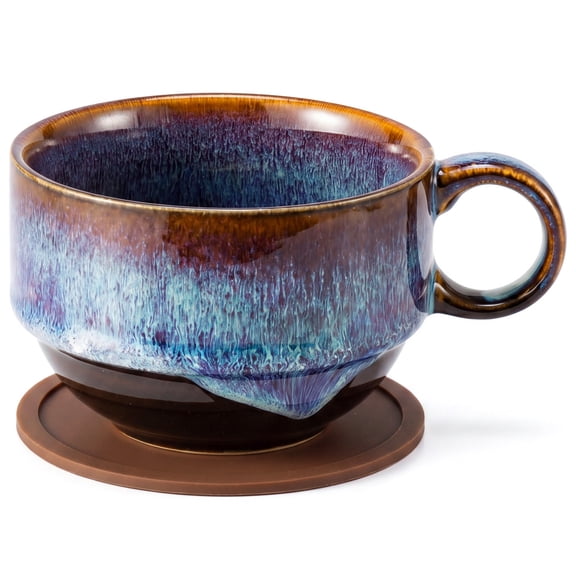 NiHome 10oz Ceramic Coffee Mug with Coaster, Ocean Blue Gradient Tea Cup, Hand-Fired Drip Glaze Finish, Silicone Pad for Desk Protection, Ideal for Latte, Cocoa, Chai, Home & Office Gift