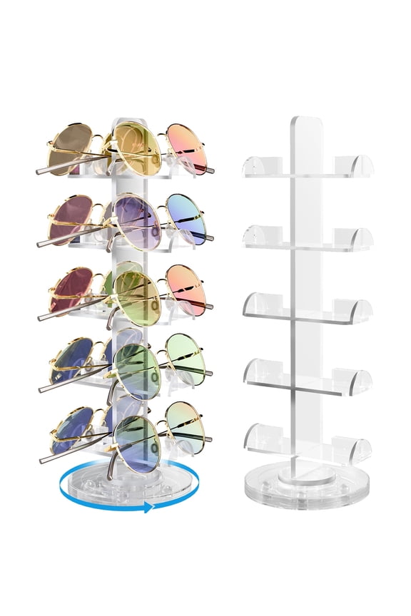 Clear Acrylic Rotating Eyeglass Display Stand for 10 Pairs, 360 Spin Organizer for Sunglasses & Glasses, Weighted Non-Slip Base Vertical Space-Saving Holder for Desk, Vanity, Closet, Dresser