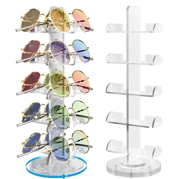 NiHome Clear Acrylic Rotating Eyeglass Display Stand for 10 Pairs, 360 Spin Organizer for Sunglasses & Glasses, Weighted Non-Slip Base Vertical Space-Saving Holder for Desk, Vanity, Closet, Dresser