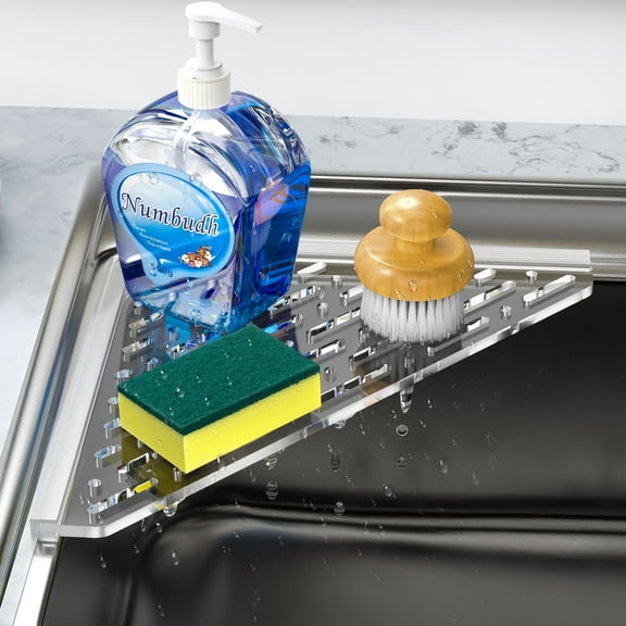 NiHome Clear Acrylic Sink Corner Rack, Space-Saving Triangular Dish Rack with Anti-Slip Silicone Edges, Quick-Drying Drainage & Ventilation, 14x9x9 Easy-to-Clean Convenient Storage with Hanging Holes