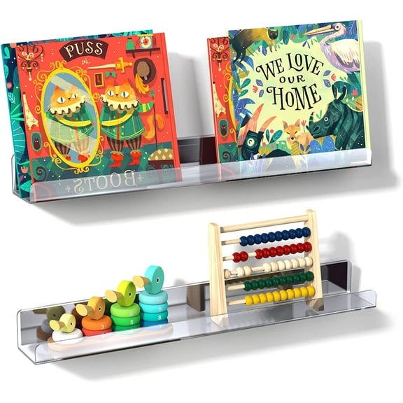 NiHome Clear Magnetic Acrylic Floating Bookshelves 2-Pack, 16.9'' for Whiteboard, Classroom and Fridge Storage, Sleek Design for Large Picture Books and File Holders, Holds up to 8.5 lbs