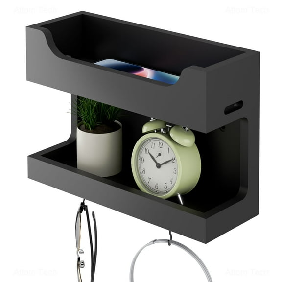 NiHome Compact Wall Mounted Wooden Bedside Organizer, Double-Layered Wall Storage Rack with Magnetic Hooks, Easy Installation Versatile Organizer for Electronics, Accessories and Personal Care Items