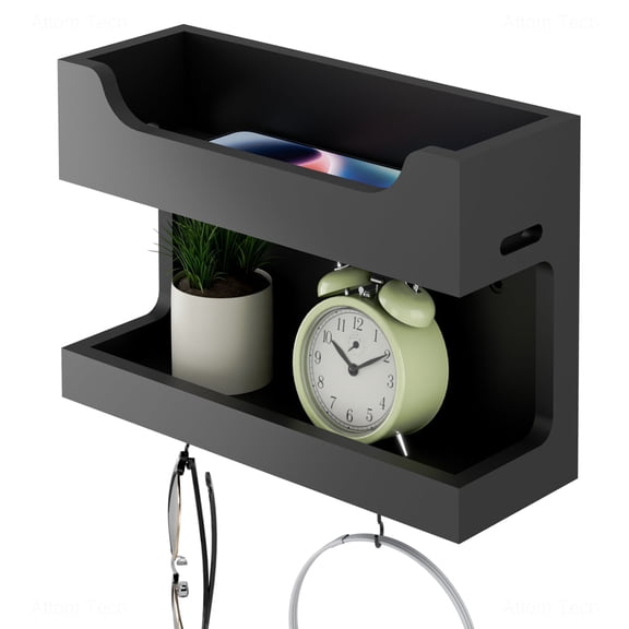 NiHome Compact Wall Mounted Wooden Bedside Organizer, Double-Layered Wall Storage Rack with Hooks, Easy Installation Versatile Organizer for Electronics, Accessories and Personal Care Items