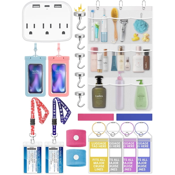 NiHome 19 PCS Cruise Essentials Kit  Power Strip, Waterproof Phone Bags, Luggage Tag Holders, Hooks, Cruise Card Lanyards, Towel Bands, Anti-Seasickness Bands and Shower Organizer Bag (Blue + Pink)