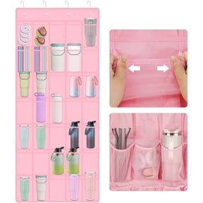 NiHome Multi-Functional 35 Pockets Door Hanging Organizer fit for Stanley Tumbler in Kitchen, Pantry, Bathroom, Large Capacity Elastic Mesh Secure Storage Water Bottle Cup Holder, Foldable (Pink