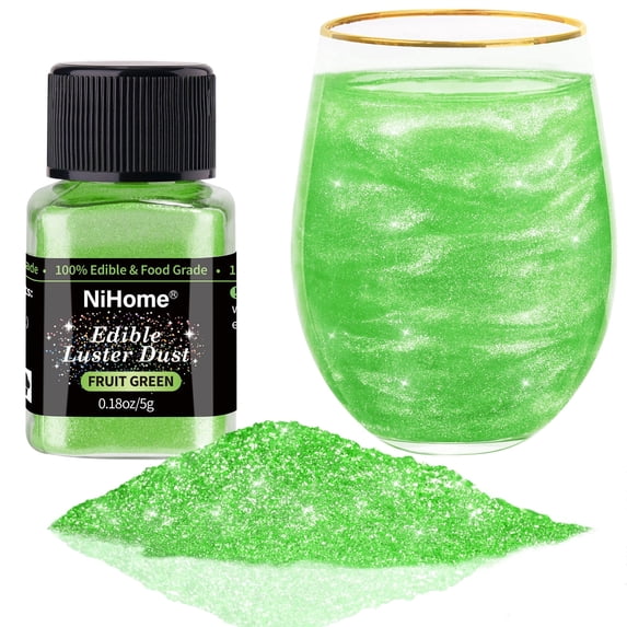NiHome Edible Food-Grade Glimmer Powder Glitter Luster Dust Metallic Food Decorating Sprinkle Glimmery Dust for Drink Wine Beverage Cake Candy Dessert Bakery Restaurant Vegan (0.18oz/5g, Fruit Green)