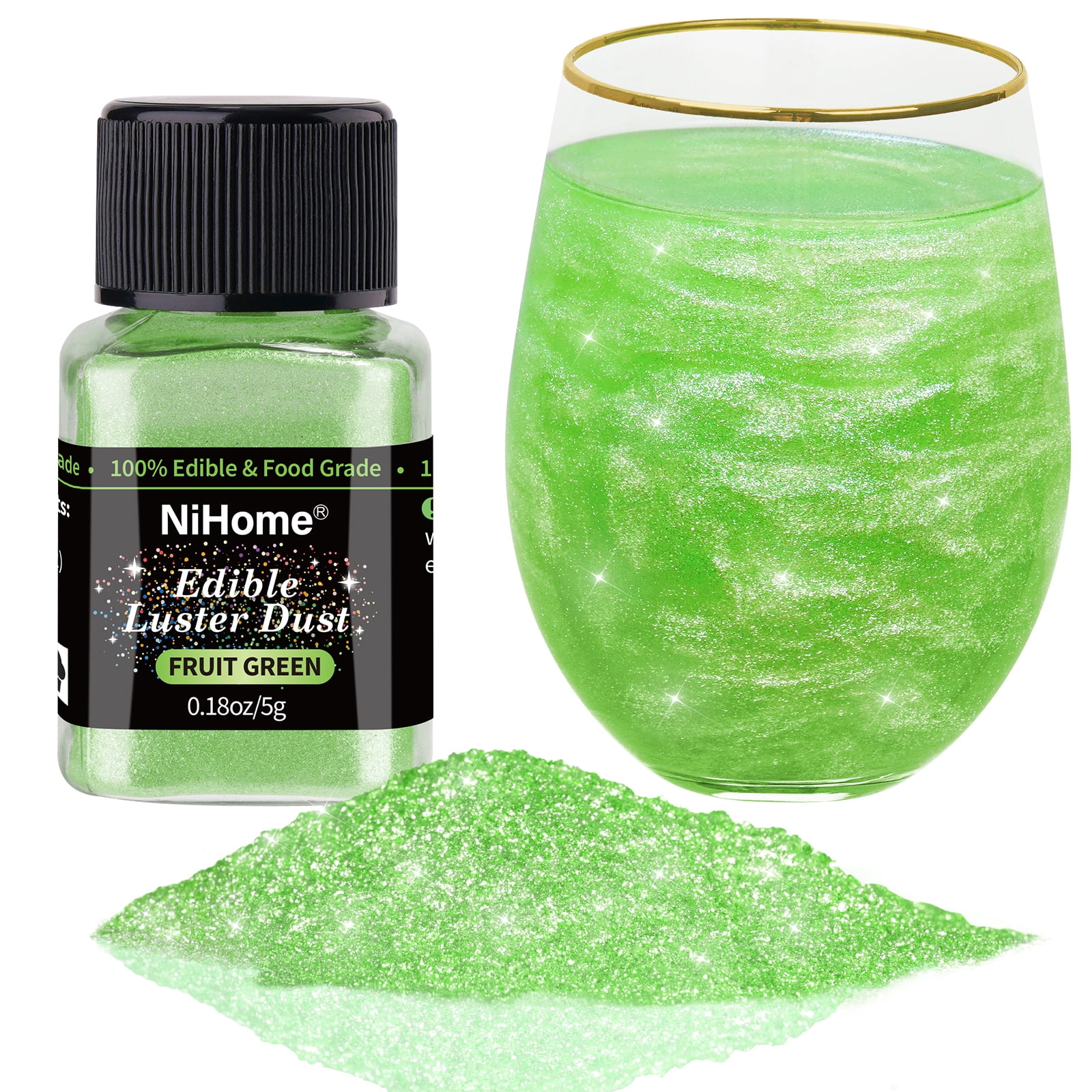 NiHome Edible Food-Grade Glimmer Glitter Luster Dust Food Decorating Sprinkle Dust for Beverage Cake Dessert Bakery Restaurant Vegan Allergen-Free (0.18oz/5g, Fruit Green)