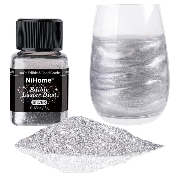 NiHome Edible Food-Grade Glimmer Powder Glitter Luster Dust Food Decorating Sprinkle Dust for Wine Beverage Cake Dessert Bakery Restaurant Vegan Allergen-Free (0.18oz/5g, Metallic)