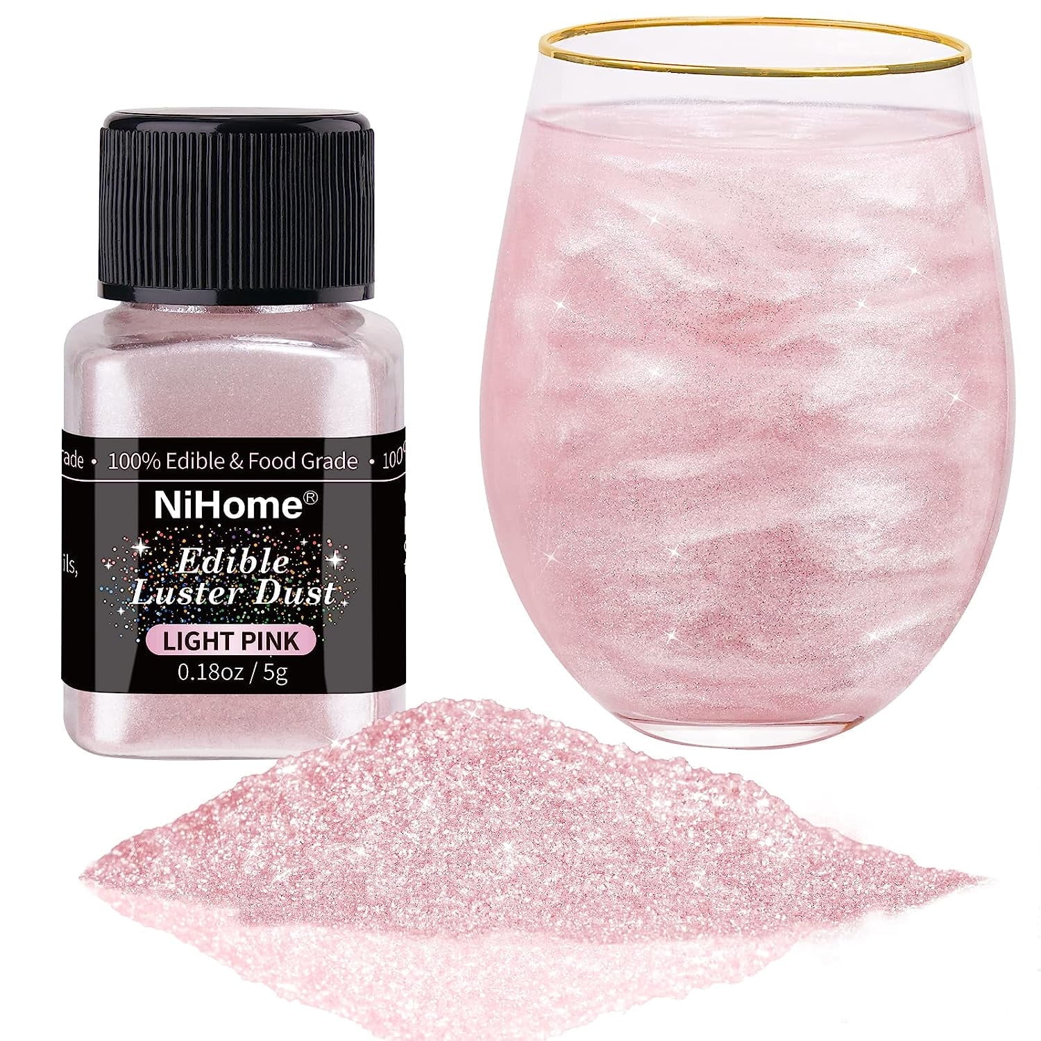 NiHome Edible Food-Grade Glimmer Powder Glitter Luster Dust Metallic Fancy Food Decorating Dust for Drink Dessert Home Bakery Restaurant Vegan Allergen-Free (0.18oz/5g, Light Pink)