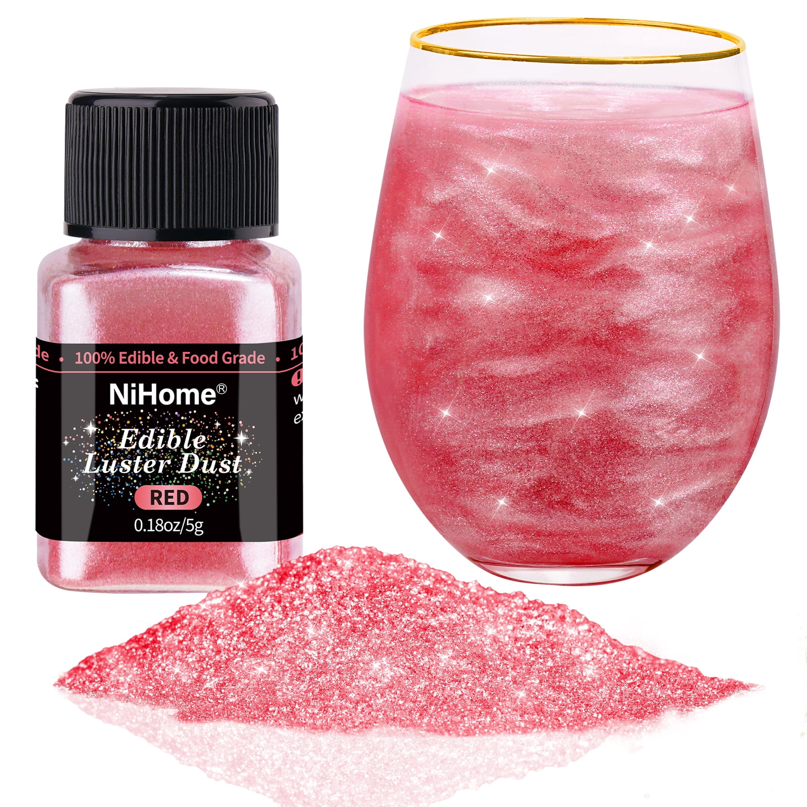 NiHome Edible Food-Grade Glimmer Powder Glitter Luster Dust Metallic Food Decorating Sprinkle Glimmery Dust for Drink Dessert Bakery Restaurant Vegan (0.18oz/5g, Red)