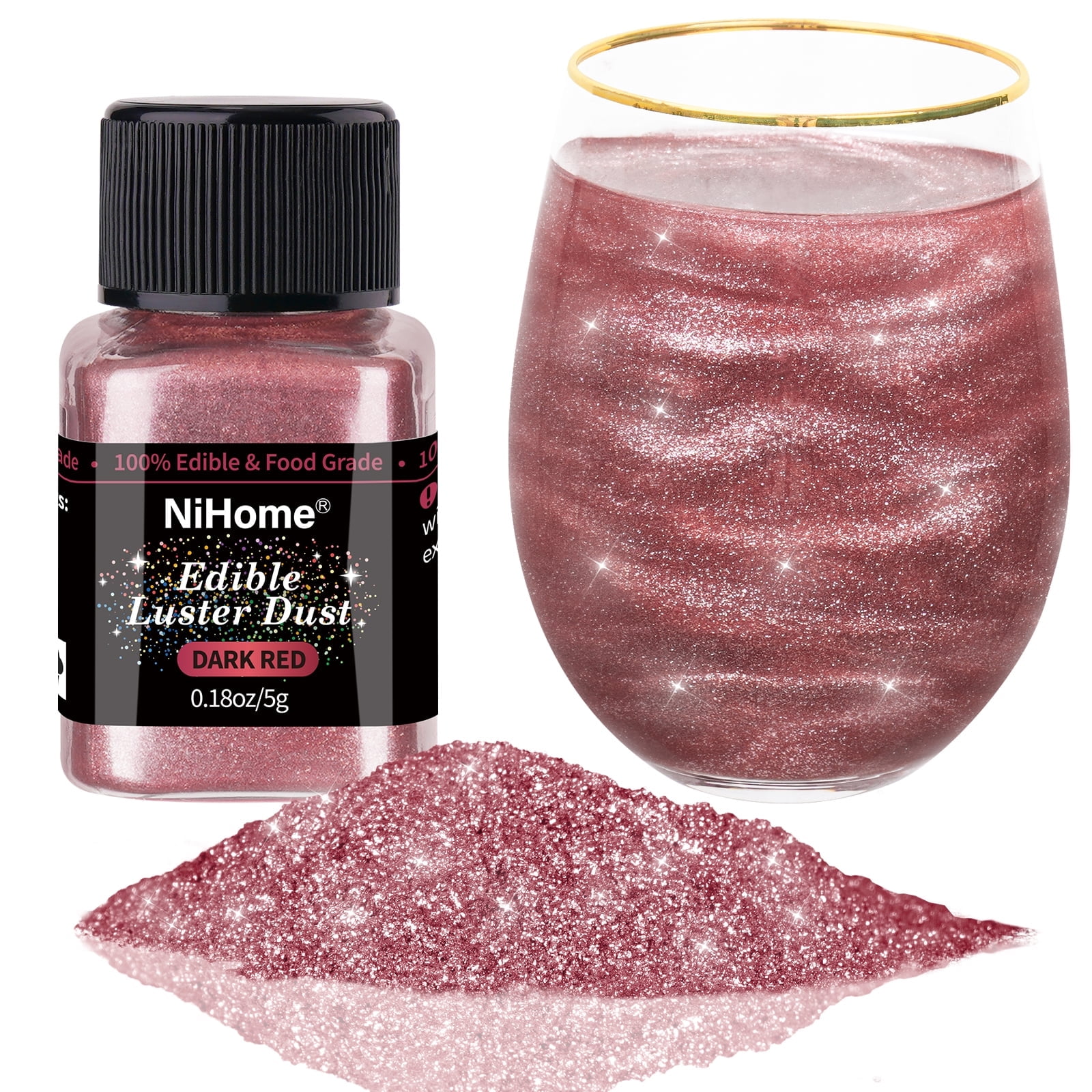 NiHome Edible Food-Grade Glimmer Powder Glitter Luster Dust Metallic Food Decorating Sprinkle Glimmery Dust for Drink Wine Beverage Cake Candy Dessert Bakery Restaurant Vegan (0.18oz/5g, Dark Red)