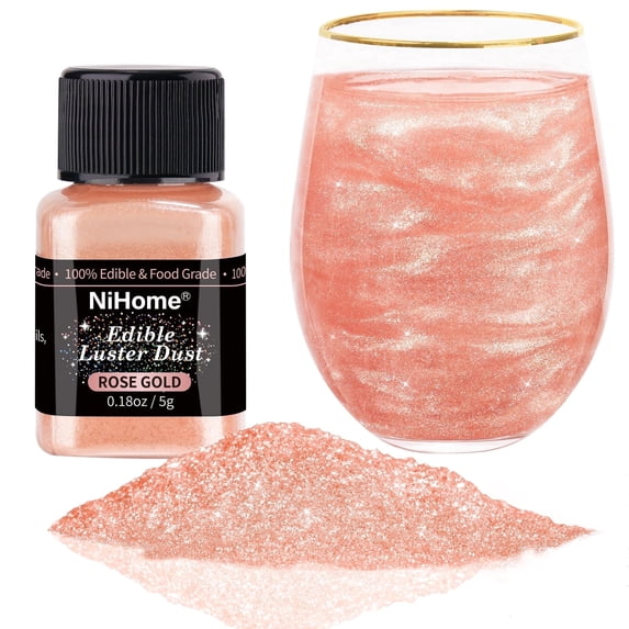 NiHome Edible Food-Grade Glimmer Powder Glitter Luster Dust Metallic Food Decorating Sprinkle Glimmery Dust for Wine Beverage Cake Candy Dessert Bakery Restaurant Vegan (0.18oz/5g, Rose Gold)