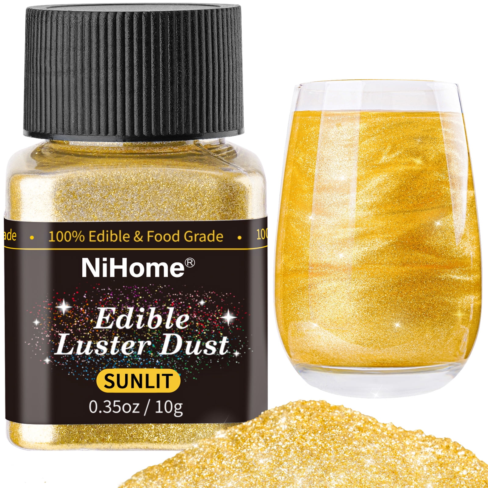 NiHome Edible Food-Grade Glitter Powder Glimmer Luster Dust Metallic Fancy Food Decorating Sprinkle Glimmery Dust for Drink Wine Beverage Cake Bakery Vegan Allergen-Free (Sunlit, 0.35oz/ 10g)