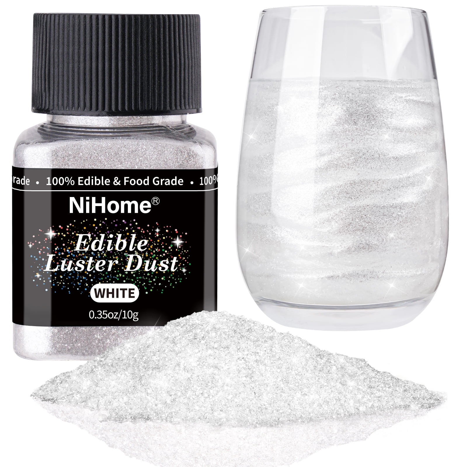 NiHome Edible Food-Grade Shimmer Powder Glitter Luster Dust Metallic Fancy Food Decorating Sprinkle Shimmery Dust for Drink Beverage Dessert Home Bakery Restaurant Vegan Allergen-Free (White, 10g)