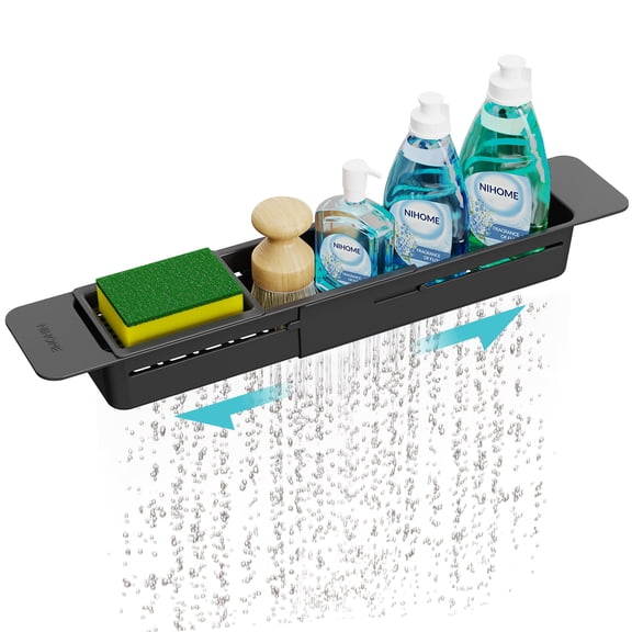 NiHome Extendable Sink Caddies Kitchen Organizer, Extra Long Telescopic Brush Storage Rack for Sponge, Non-Slip Pads Expandable Sink Caddy, Adjustable Sponge/Brush Rack (Black)