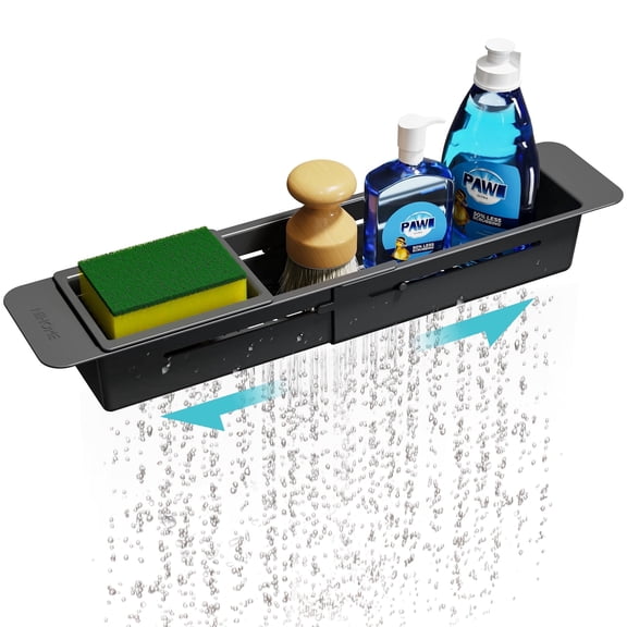 NiHome Extendable Over Sink Kitchen Organizer for Tools, Dishes, Ingredients - Non-Slip Pads Multifunctional Storage, Adjustable Length with Drainage for Enhanced Hygiene, Durable ABS Material(Black)