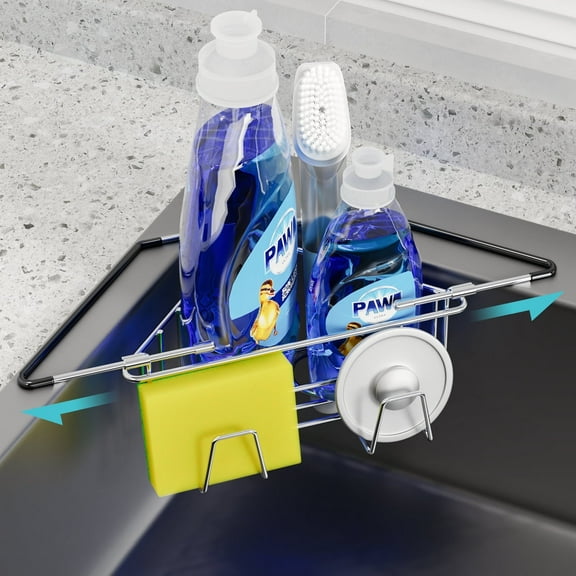 NiHome Extendable Stainless Steel Kitchen Sink Corner Caddy, Easy Install Drip-Free Design Space-Saving Adjustable Sponge Holder for All Sink Types, Non-Slip Rust-Resistant for Brushes, Soap, Sponges