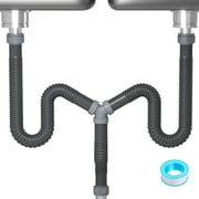 NiHome Flexible 1 1/2" or 1 1/4" P-Trap Pipe Kit with Teflon Tape & Sealing Rings, Drain Tubing Pipes with Connectors & Adapter for Kitchen Bathroom Sink Drain(Double Sink)