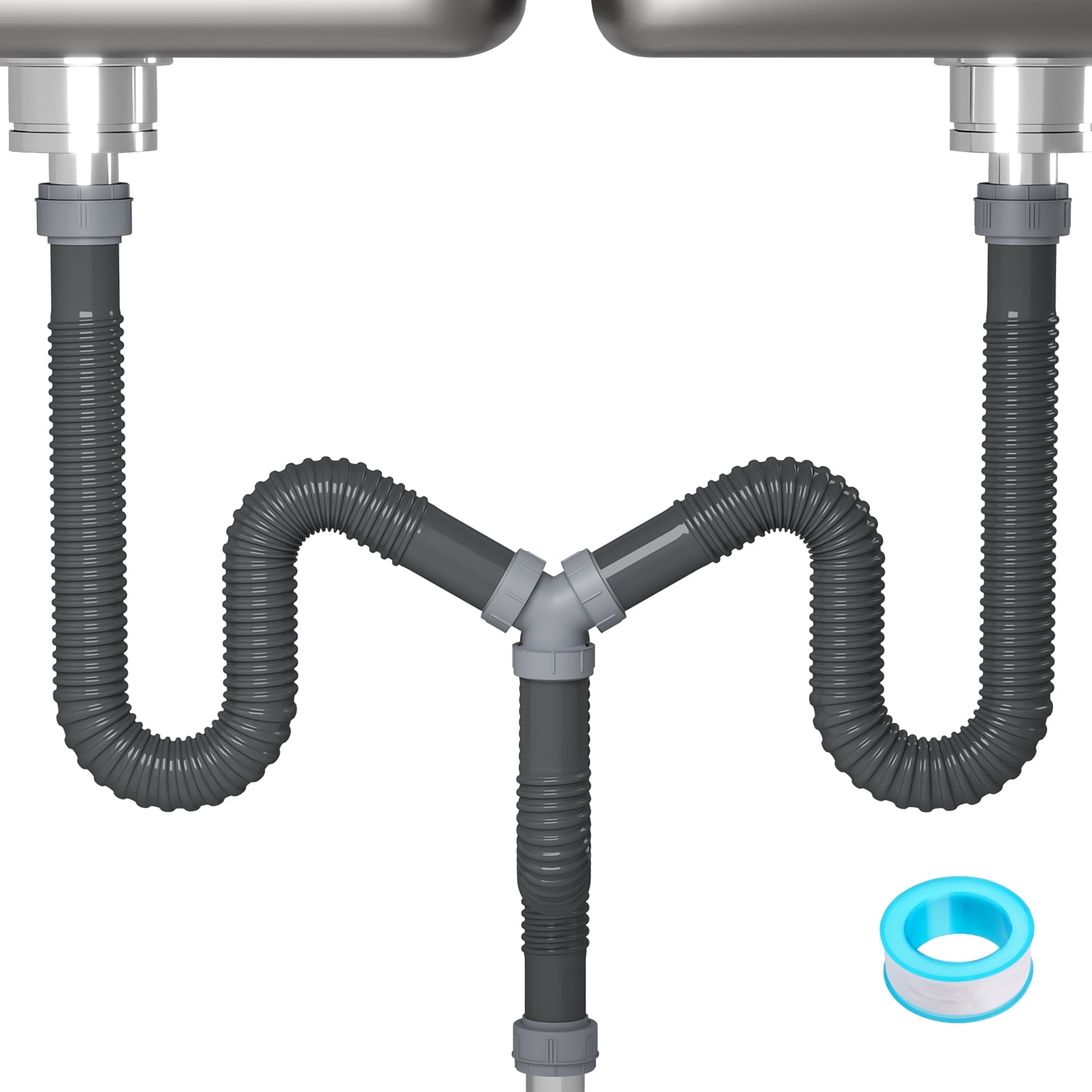 NiHome Flexible 1 1/2" or 1 1/4" P-Trap Pipe Kit with Teflon Tape & Sealing Rings, Drain Tubing Pipes with Connectors & Adapter for Kitchen Bathroom Sink Drain(Double Sink)