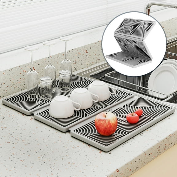 NiHome Foldable Silicone Dish Drying Mat with Natural Stone, Compact Trifold Design for Easy Storage in Small Spaces, Eco-Friendly Multipurpose for Dishes, Utensils, Fruit & Vegetables, Easy to Clean