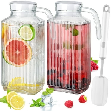 NiHome Glass Pitchers with Lids, 57oz Glass Water Fridge Pitcher for Drinks, Glass Water Jug with Lid & Brush, Beverage Serveware & Storage Container for Lemonade, Iced Tea, Milk, Coffee(2PCS Clear)