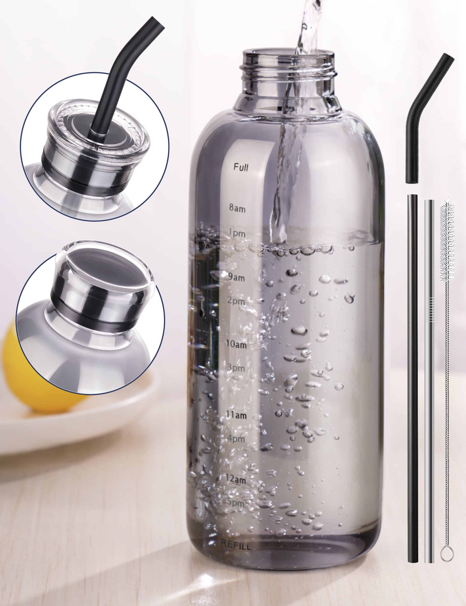 NiHome Glass Water Bottle 25oz/750ml with Two Caps, Stainless-Steel Straw,  Brush and Silicone Cover, High Borosilicate Glass for Hot & Cold Beverages,  ...