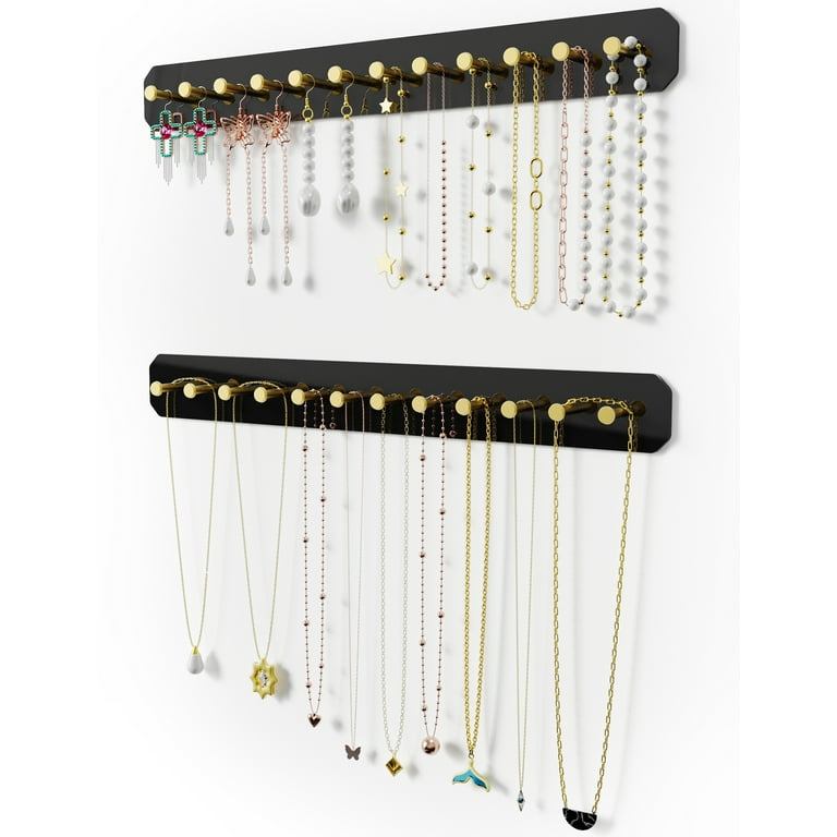 NiHome Hanging Jewelry Organizers Wall Mounted Acrylic Jewelry Holder Earring Necklace Organizer with 24 Gold Round Hooks Hanging Necklace Holder