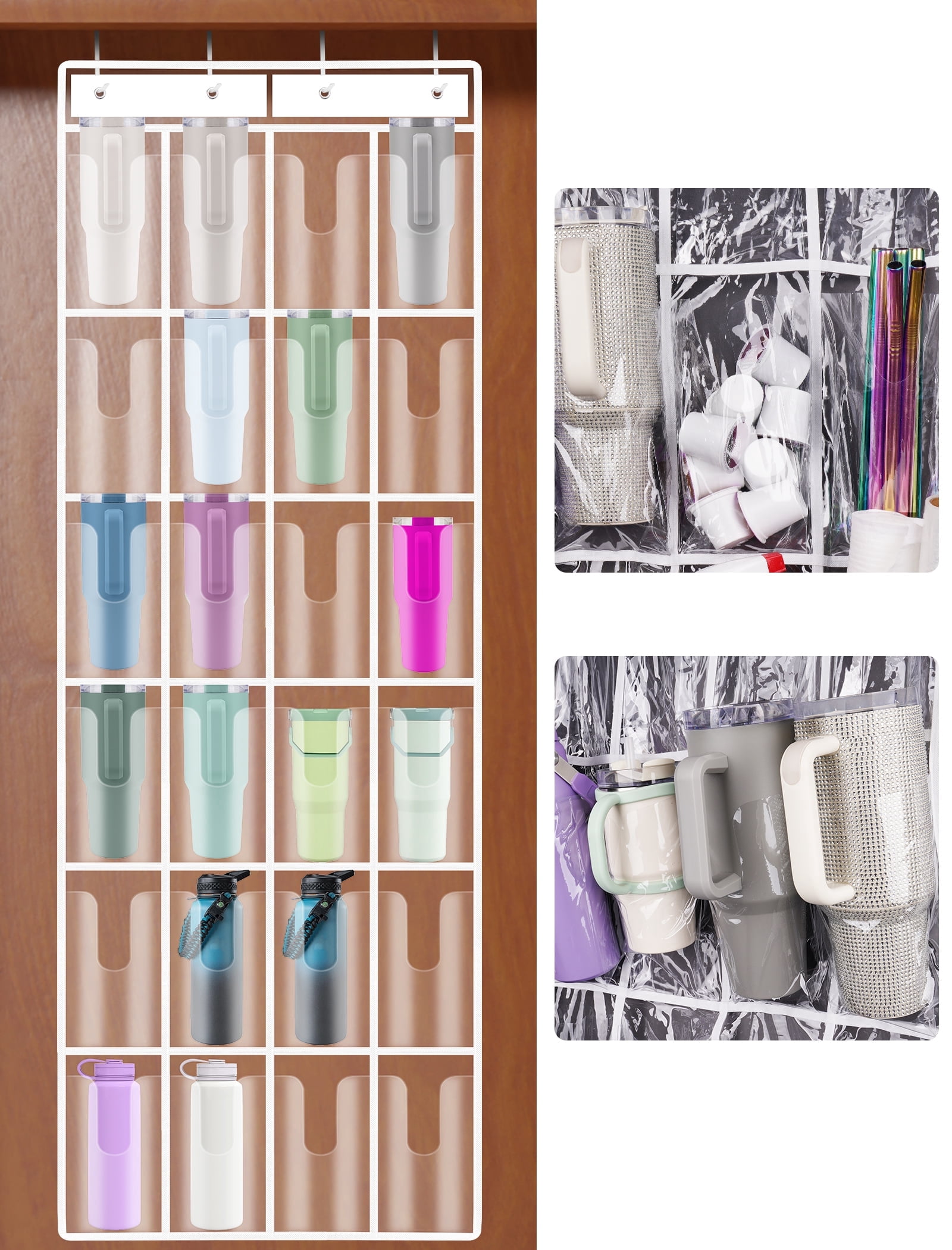 NiHome Over-the-Door Water Bottle Organizer with 24 Clear Deep Pockets Fit for Stanley 40oz Tumblers, Hanging PVC Storage Holder for Cups, Mugs, Bottles, Foldab