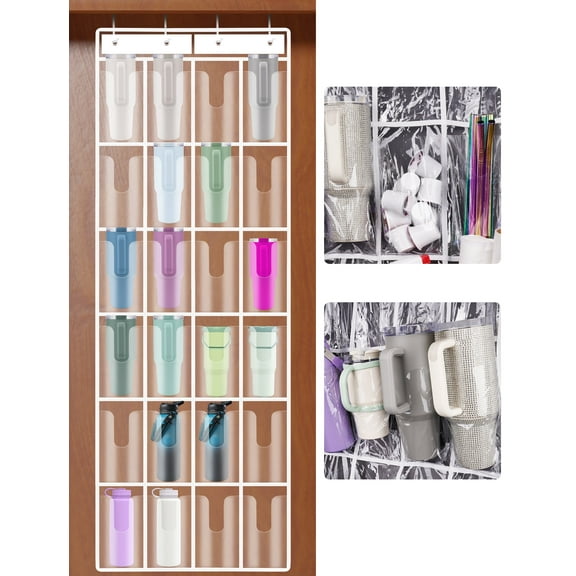 NiHome Over-the-Door Water Bottle Organizer with 24 Clear Deep Pockets Fit for Stanley 40oz Tumblers, Hanging PVC Storage Holder for Cups, Mugs, Bottles, Foldable Design for Kitchen, Closet, RV, Dorm
