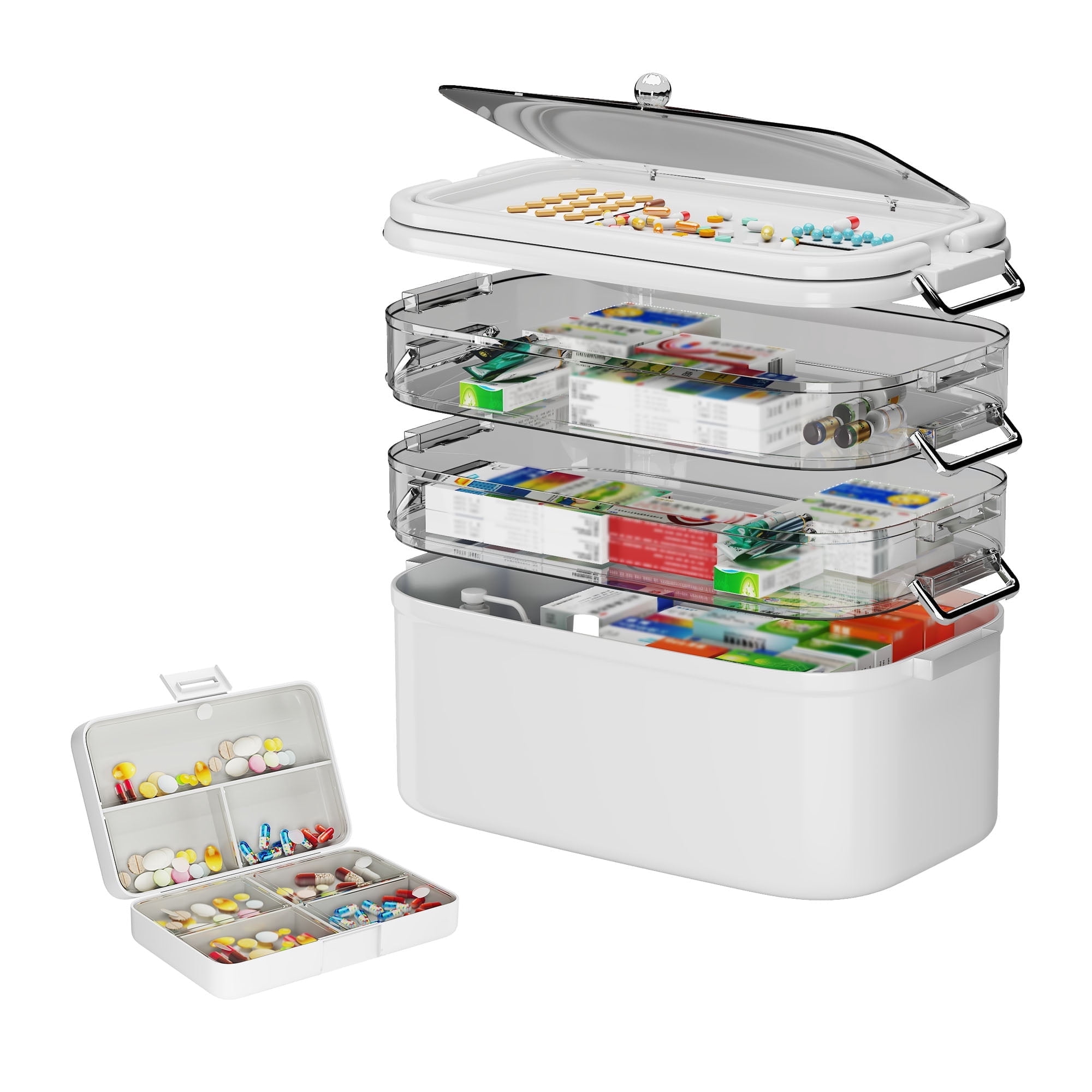 NiHome Home & Travel 4-Tier Medicine Storage Box with Portable Pill Case, Durable Adjustable Compartments, Moisture-Resistant Lid, Secure Handles for Pill Organization, Vitamins, Supplements (White)