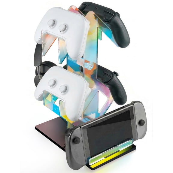 NiHome Iridescent Acrylic 2-Tier Universal Game Controller Headset Holder Rack,Modern Storage Organizer for PS5 Xbox ONE Switch Game Controllers and Headphones Anti-Slip Stable Gaming Accessory Stand