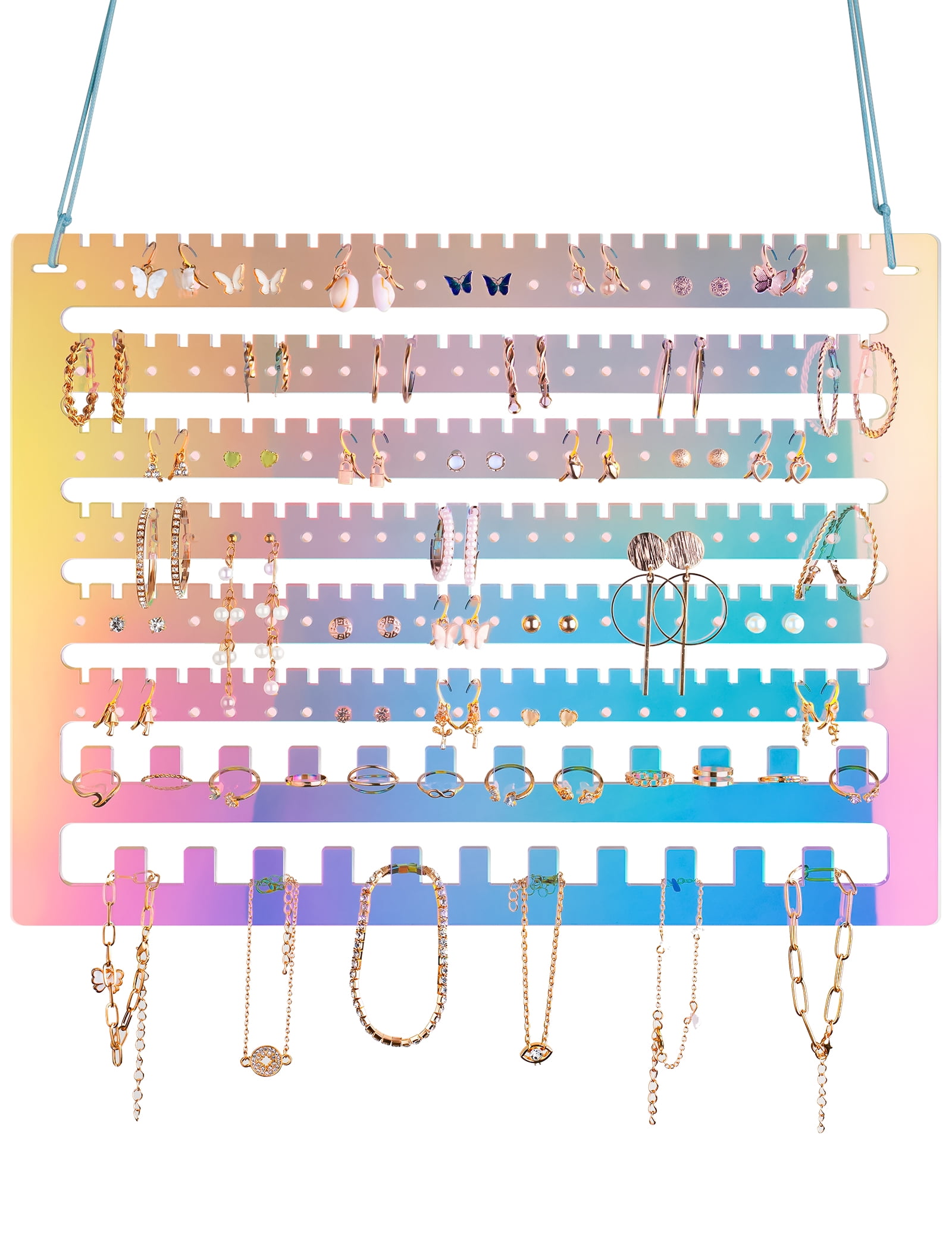 NIHOME Iridescent Acrylic Hanging Earring Organizer, Wall Mount Jewelry Organizer Rack, Wall Earring Holder with 132 Earring Holes, 150 Slots, 23 Necklace Hooks for Stud Earring Bracelet Necklace Ring