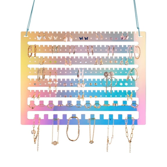 NiHome Iridescent Acrylic Hanging Earring Organizer, Wall Mount Jewelry Organizer Rack, Wall Earring Holder with 132 Earring Holes, 150 Slots, 23 Necklace Hooks for Stud Earring Bracelet Necklace Ring