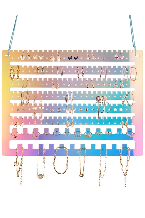 Iridescent Acrylic Hanging Earring Organizer, Wall Mount Jewelry Organizer Rack, Wall Earring Holder with 132 Earring Holes, 150 Slots, 23 Necklace Hooks for Stud Earring Bracelet Necklace Ring