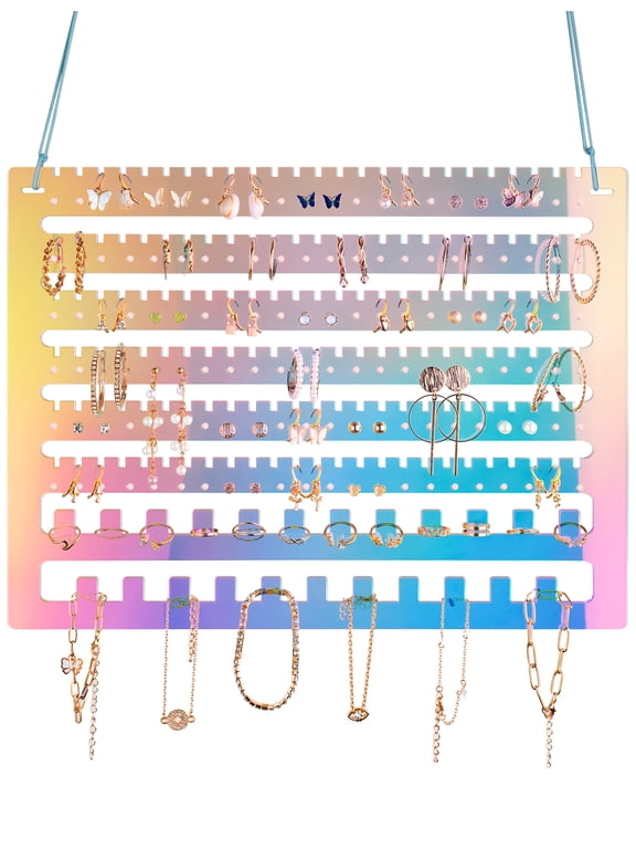 Iridescent Acrylic Hanging Earring Organizer, Wall Mount Jewelry Organizer Rack, Wall Earring Holder with 132 Earring Holes, 150 Slots, 23 Necklace Hooks for Stud Earring Bracelet Necklace Ring