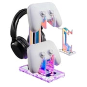 NiHome Iridescent Acrylic Multi-Tier Game Controller & Headset Holder Stand with Customizable LED Lighting, USB-Powered 7 Colors & 3 Modes, Anti-Slip Gaming Desk Organizer & Cable Management(2 Tiers)