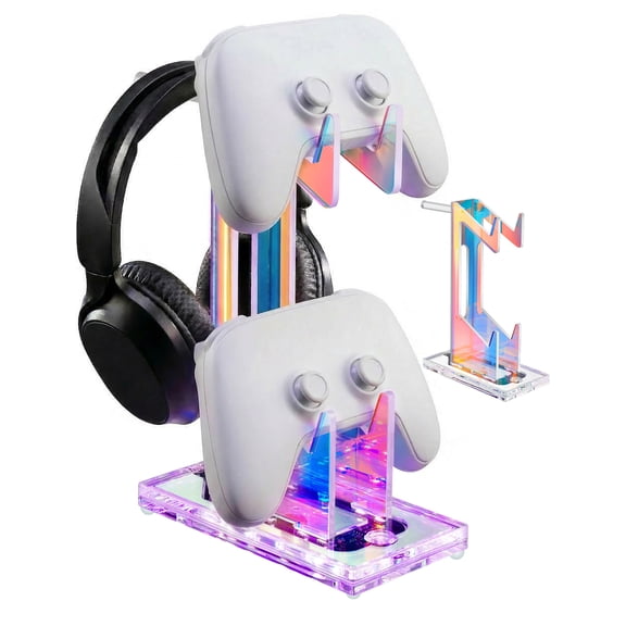 NiHome Iridescent Acrylic Multi-Tier Game Controller & Headset Holder Stand with Customizable LED Lighting, USB-Powered 7 Colors & 3 Modes, Anti-Slip Gaming Desk Organizer & Cable Management(2 Tiers)