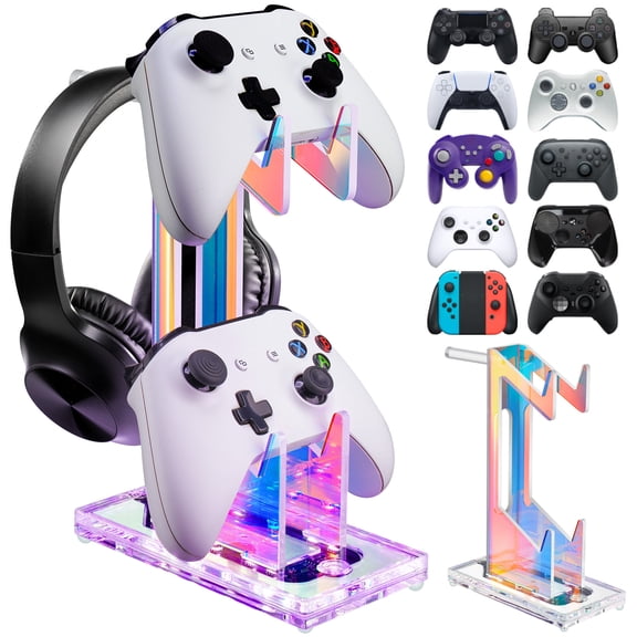 NiHome Iridescent Acrylic Multi-Tier Game Controller & Headset Holder Stand with Customizable LED Lighting, USB-Powered 7 Colors & 3 Modes, Anti-Slip Gaming Desk Organizer & Cable Management(2 Tiers)