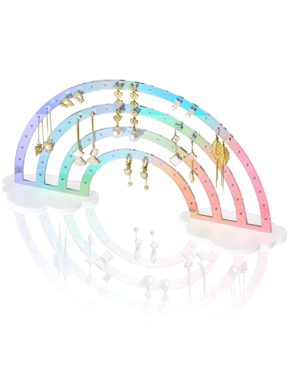 Iridescent Earrings Holder 74 Holes Display Rainbow Iridescent Ear Studs Jewelry Show Rack Stand Organizer Holder Plastic Clear Acrylic Earring Rack Holder Organizer for Girl Women