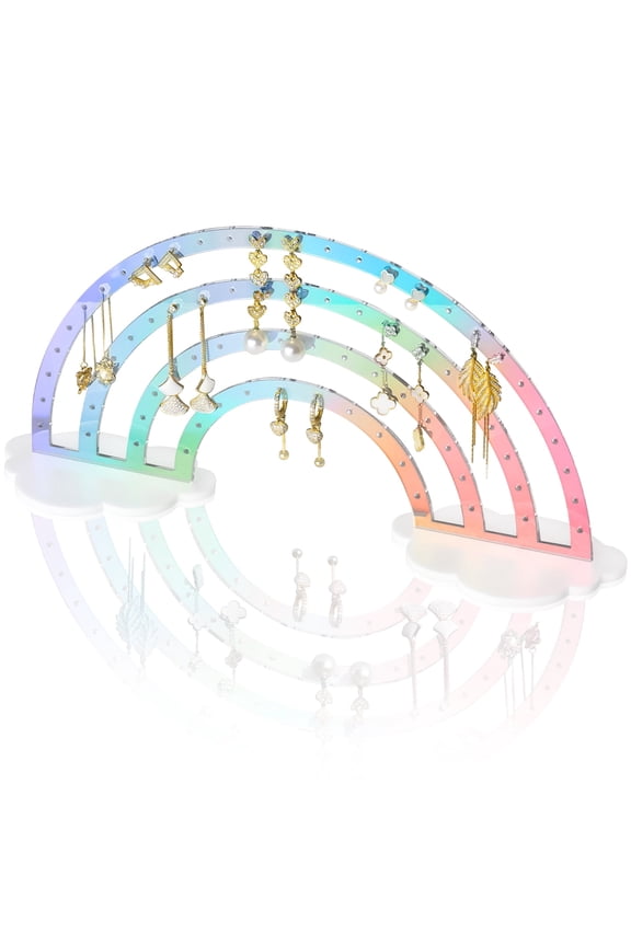 Iridescent Earrings Holder 74 Holes Display Rainbow Iridescent Ear Studs Jewelry Show Rack Stand Organizer Holder Plastic Clear Acrylic Earring Rack Holder Organizer for Girl Women