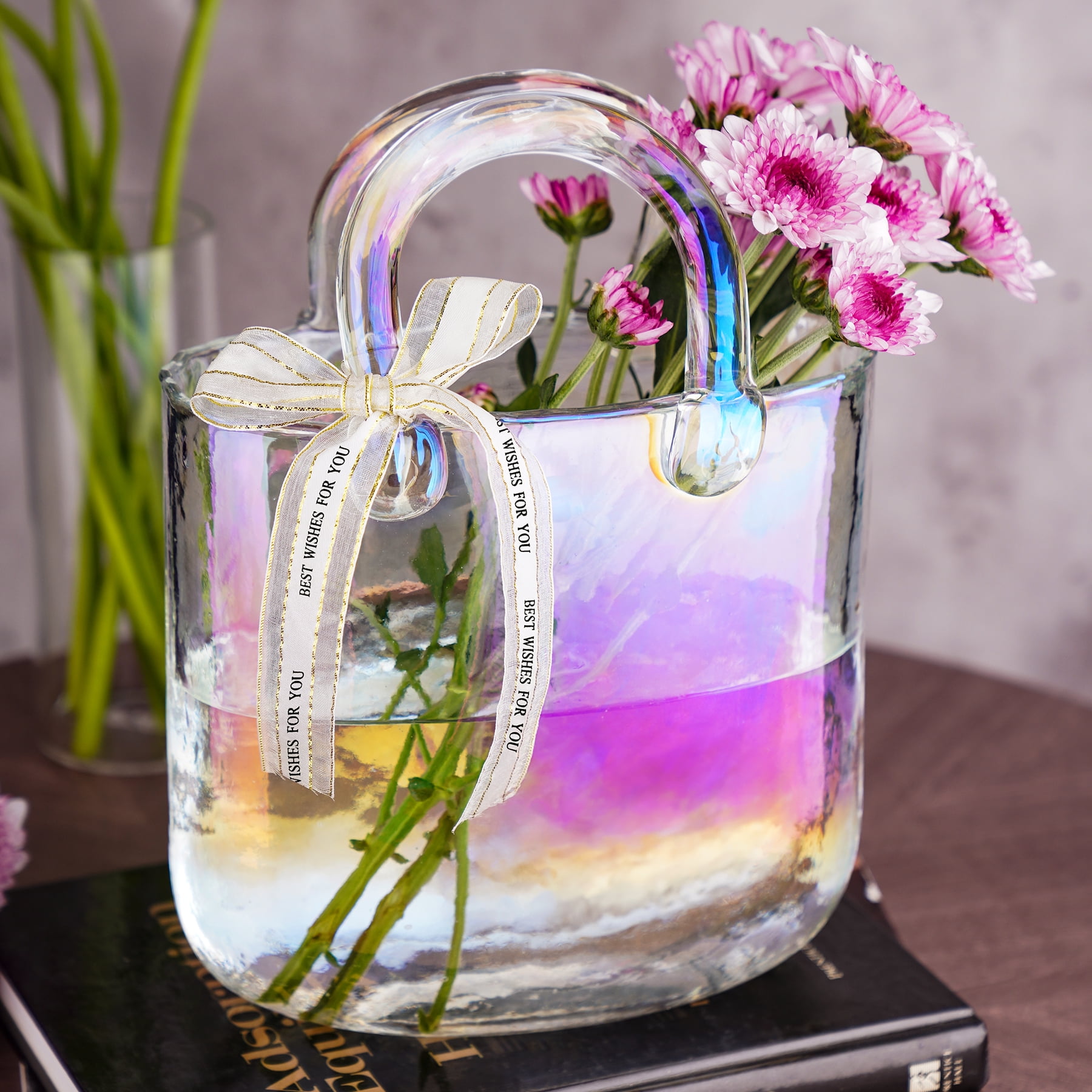 NiHome Iridescent Glass Handbag Vase, Versatile Use as Flower Holder or Fishbowl, Decorative Piece for Home Décor, Weddings, Birthdays, Durable Thickened Handle & Elegant Silk Ribbon Bow