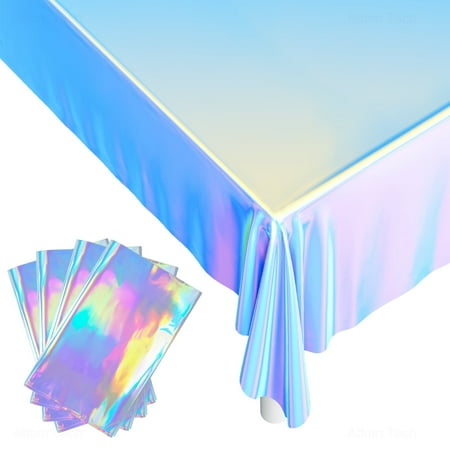 NiHome Iridescent Plastic Tablecloths 4-Pack 54.8x109.6 Inches Holographic Metallic Laser Shiny Rectangle Party Table Decorations Foil Clothes Reusable Covers for Birthday Bridal Wedding Christmas